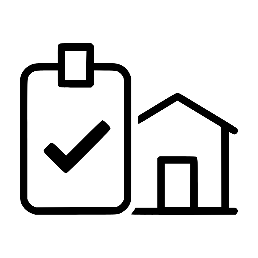 Line icon of an ID badge with a checkmark beside a building, representing direct employees not contractors.
